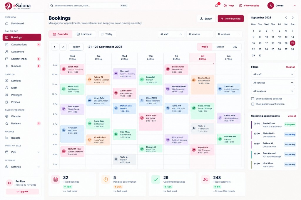 eSalona booking calendar with appointments